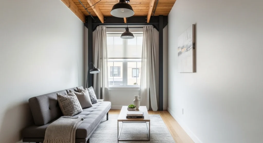 small living room with low profile sofa making ceiling look higher