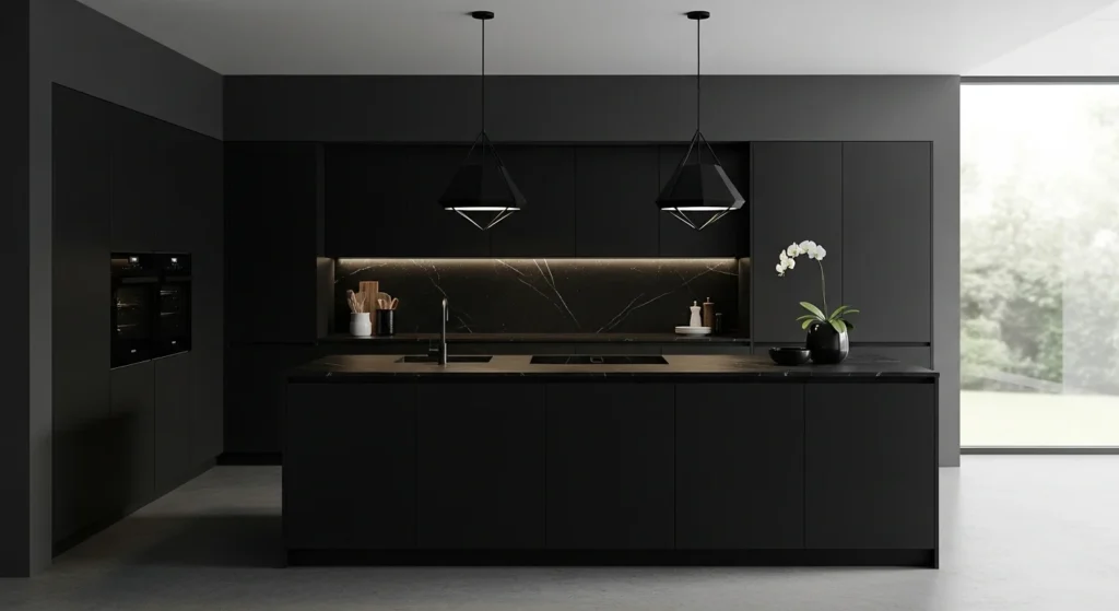 minimalist black kitchen clean lines modern simple layout