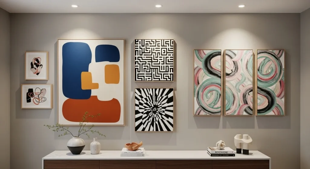 living room wall with abstract art collection modern aesthetic