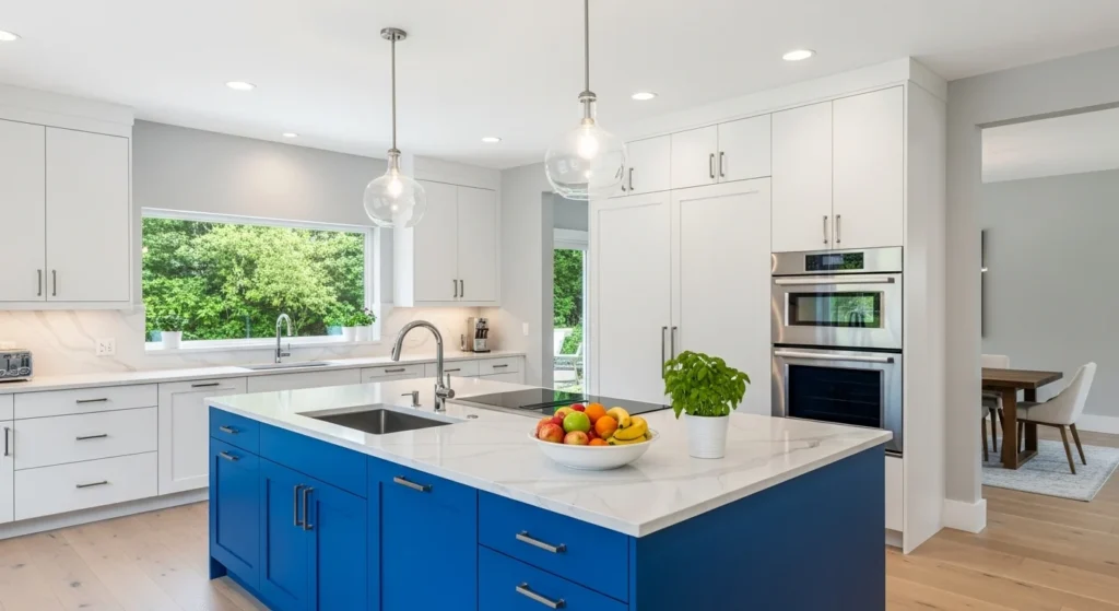 kitchen with blue island centerpiece and neutral cabinets