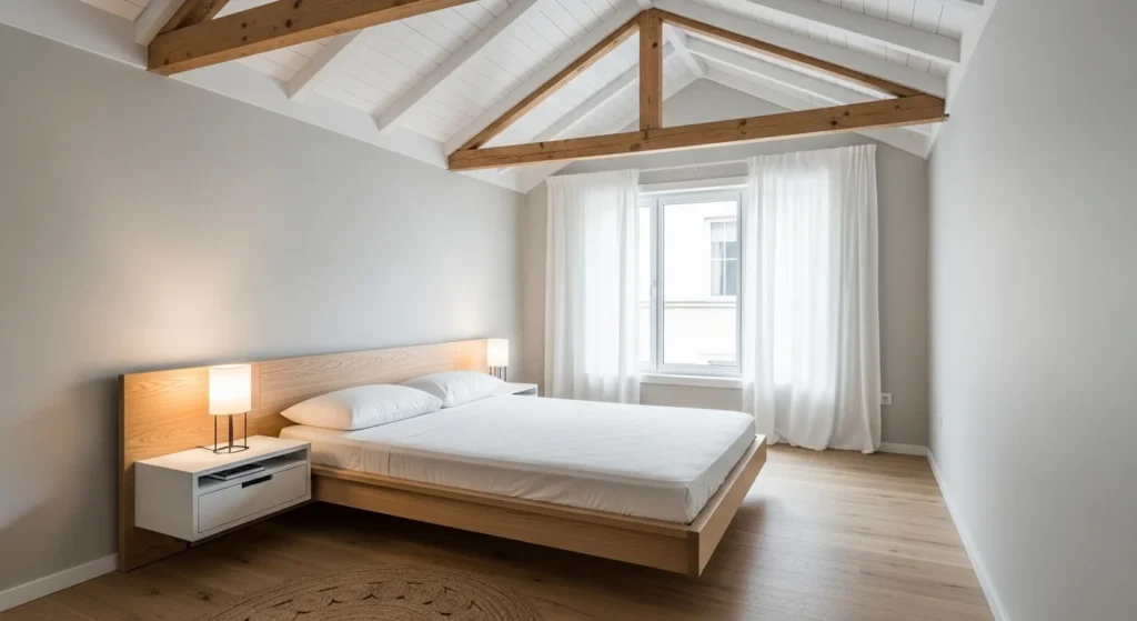 small bedroom with low profile bed making ceiling appear higher