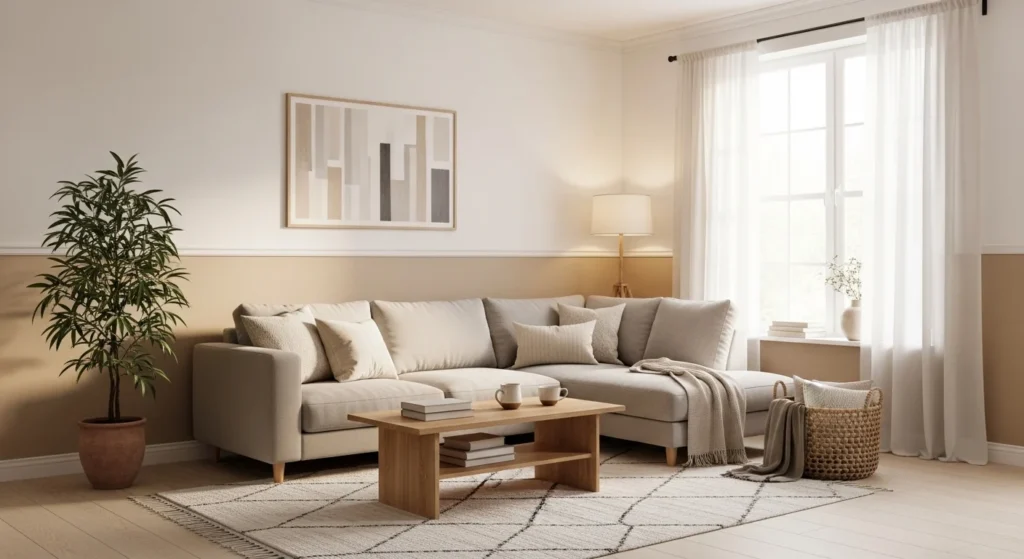 living room with beige and white wall combination soft neutral design