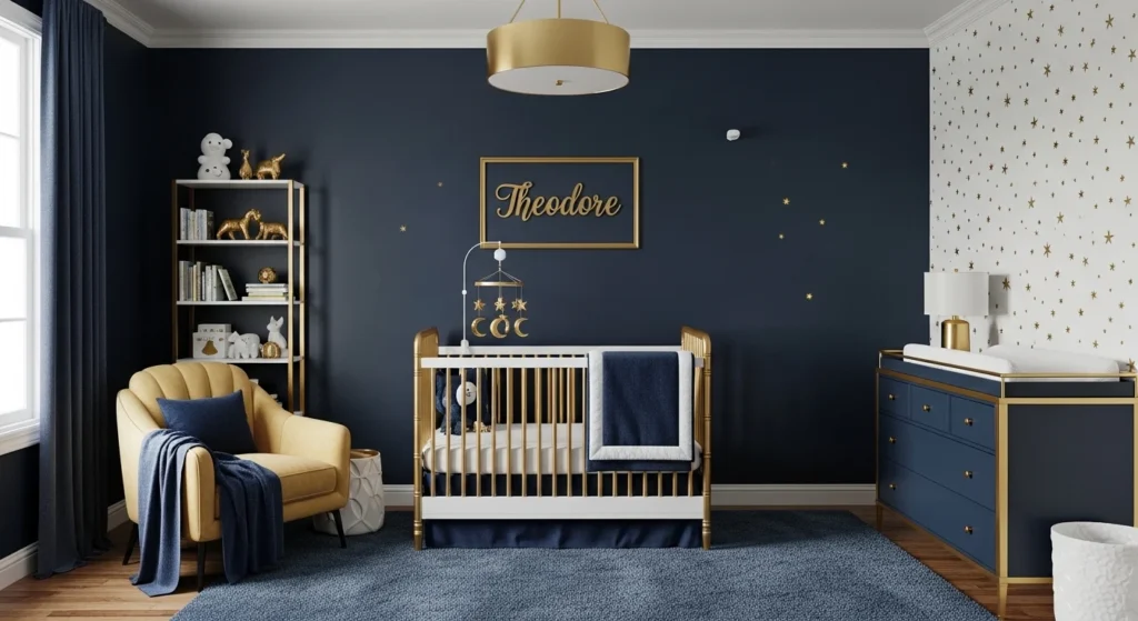 boys nursery navy blue with gold accents elegant design
