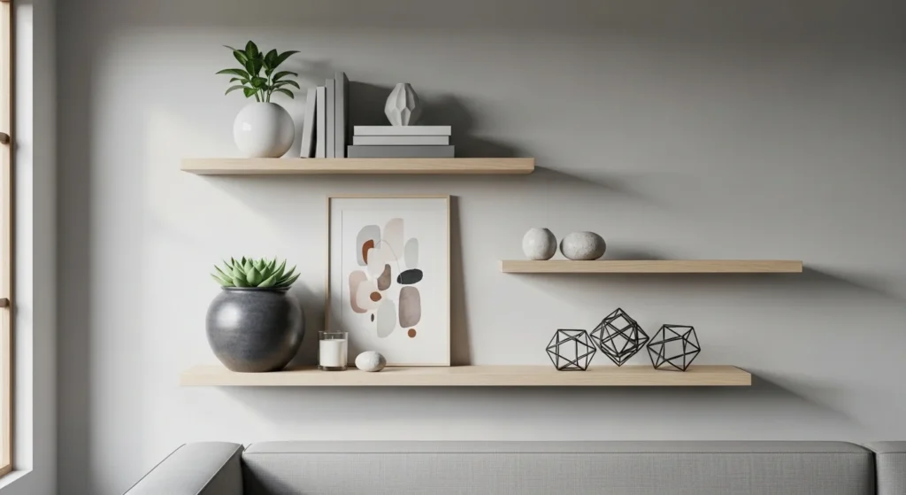 living room with floating shelves displaying decor and books
