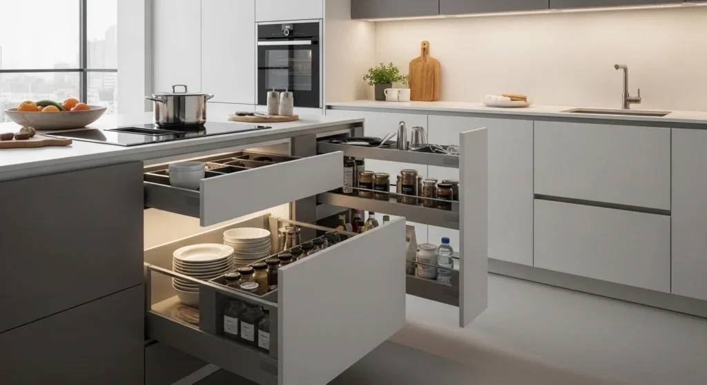 kitchen with hidden storage drawers and organized layout
