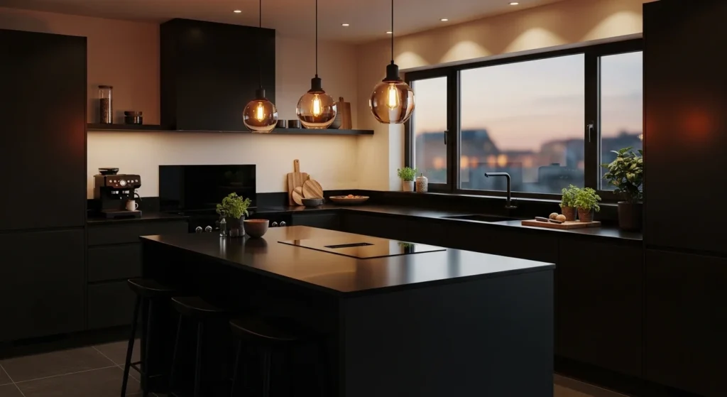black kitchen with warm lighting cozy modern ambiance