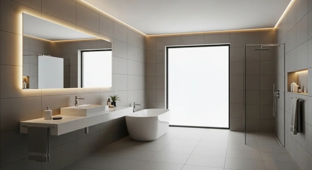 bathroom with large format tiles creating seamless look