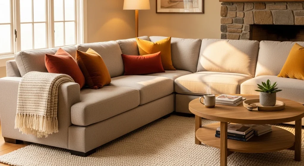 cozy living room with fabric sectional sofa soft textures warm tones