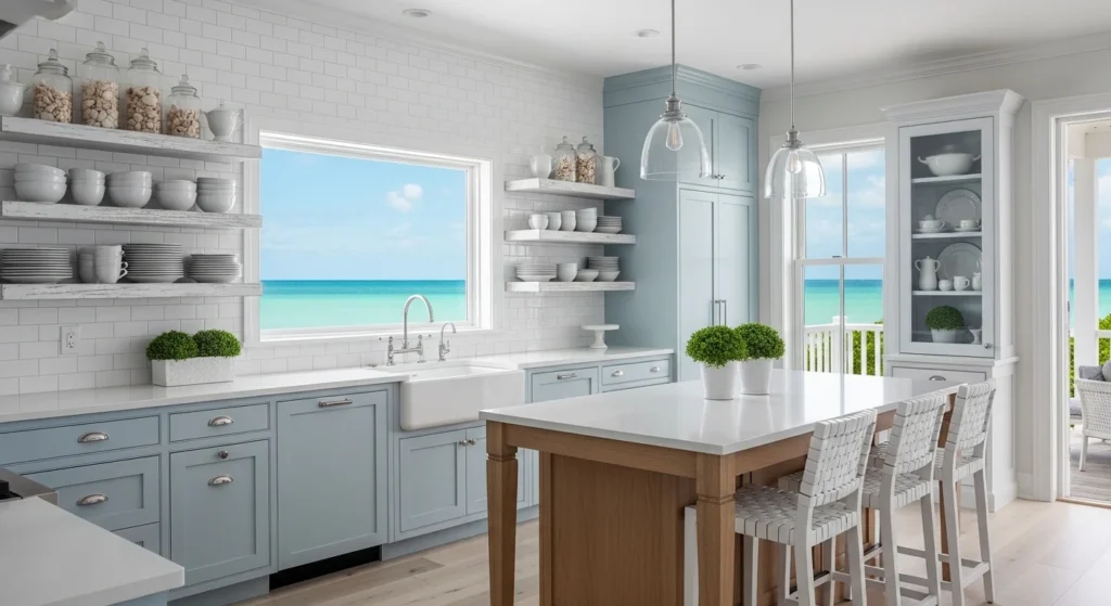 coastal blue kitchen with white accents airy beach style