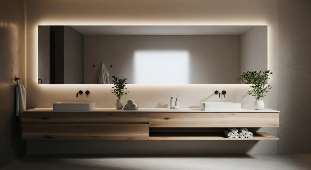 bathroom with large mirror making space look bigger and brighter