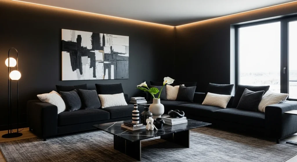 Neutral Black Family Room Contrast Ideas