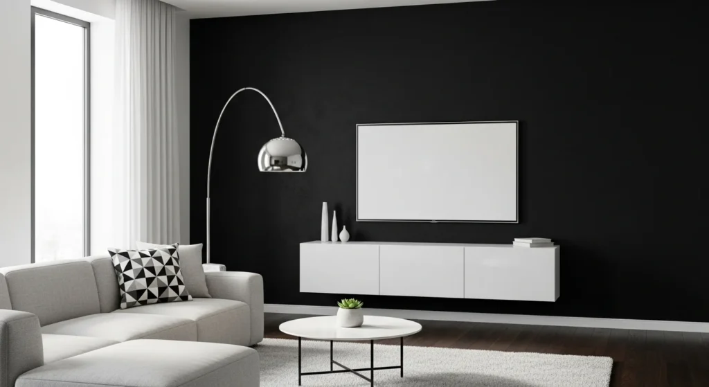 living room with matte black accent wall modern contrast style