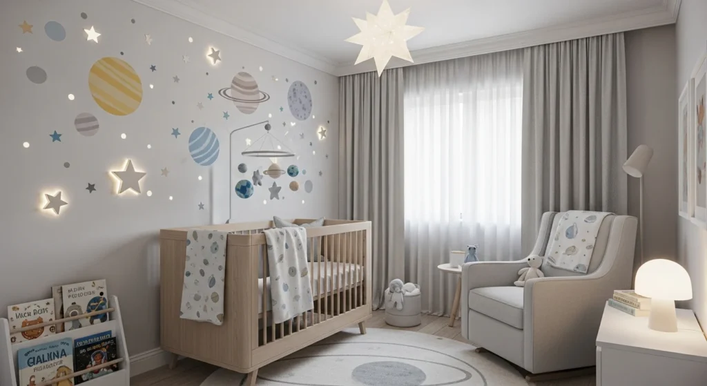 boys nursery space theme with planets and stars decor