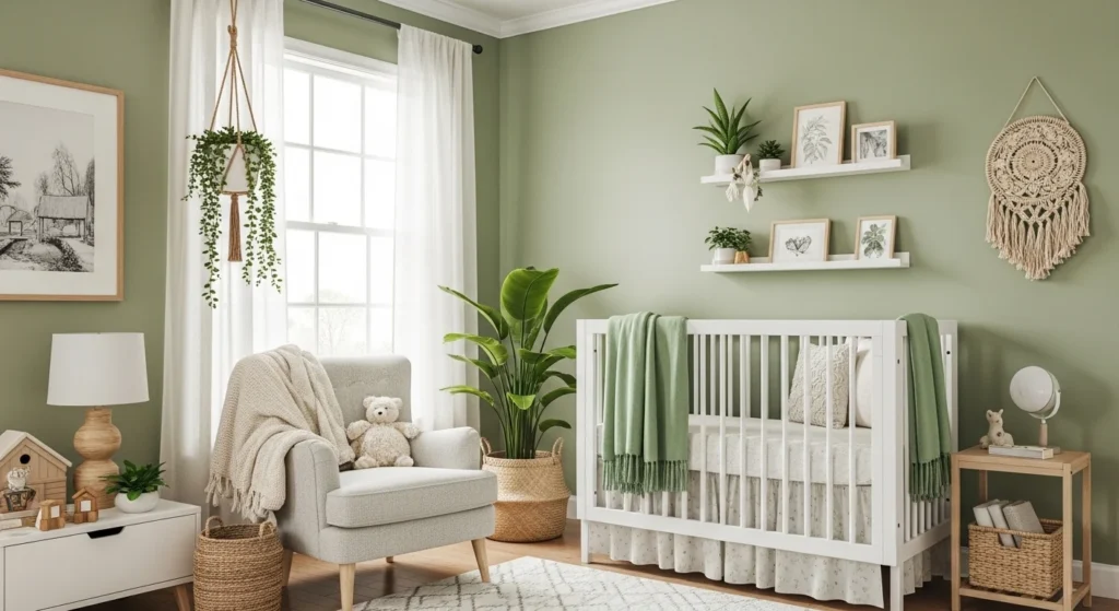 girls nursery with plants and natural decor calm cozy vibe