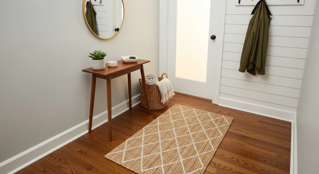 small entryway with stylish rug defining space and adding warmth
