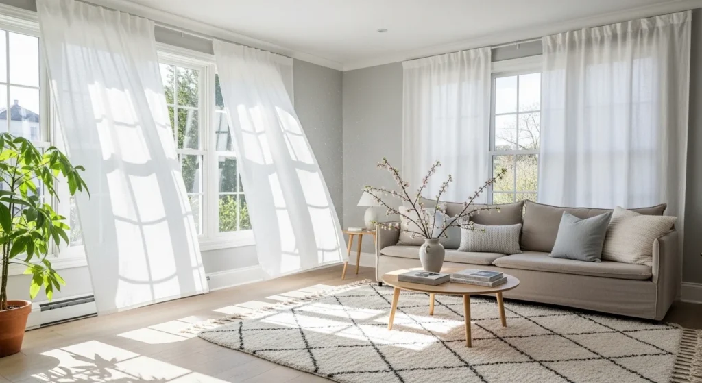 living room with soft curtains allowing natural light airy feel