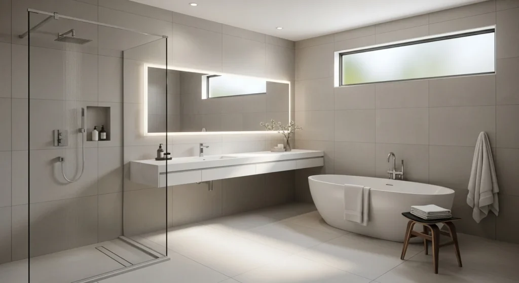 bathroom with large tiles creating seamless modern interior look