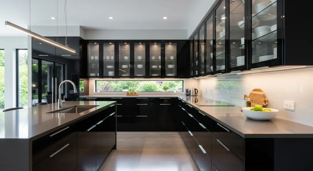 black kitchen cabinets with glass doors modern stylish design