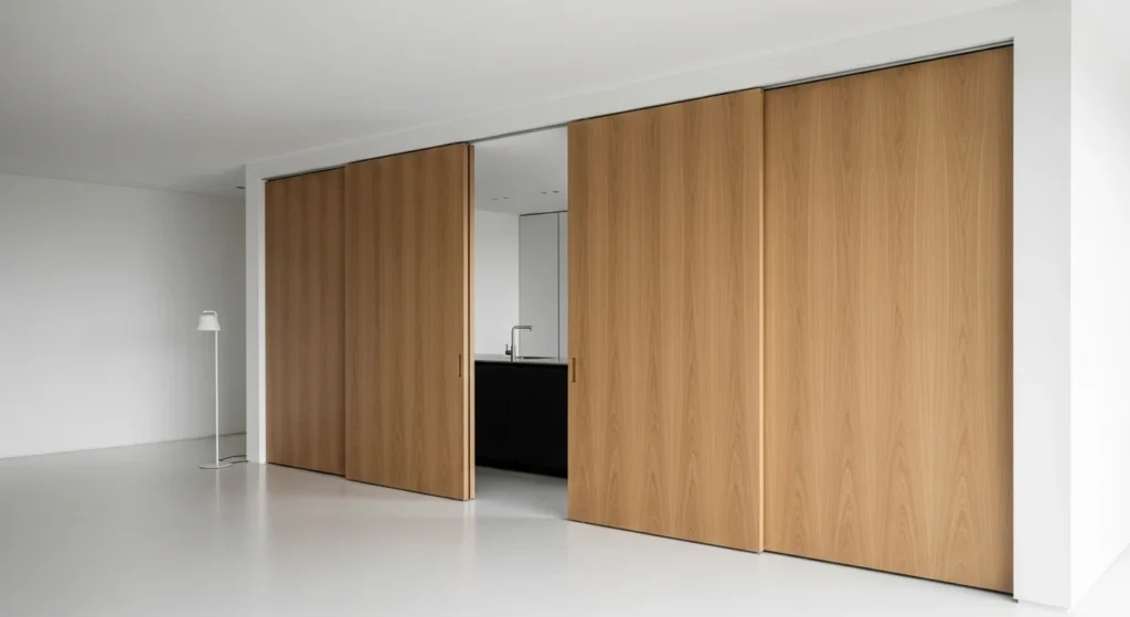 hidden kitchen layout with sliding panels clean minimal modern design