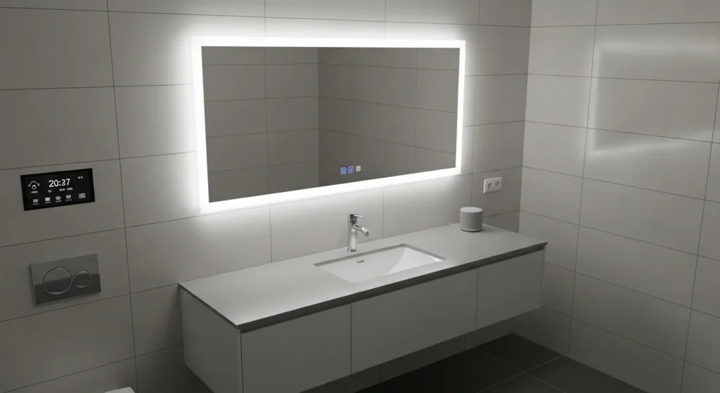 smart bathroom with LED mirror and touchless fixtures modern tech