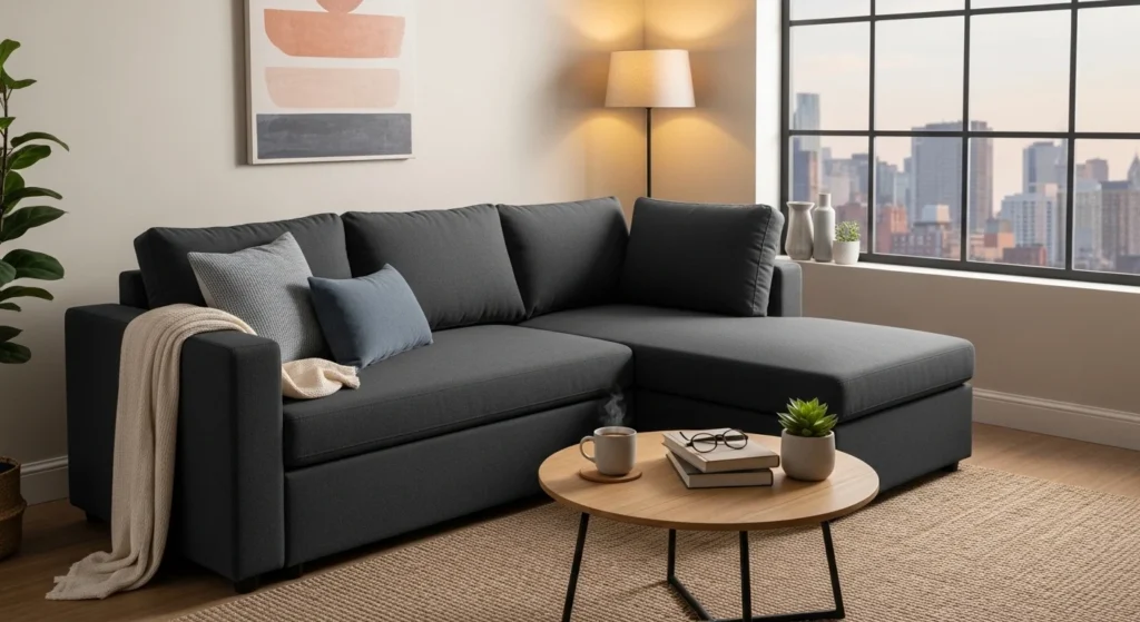 living room with corner sectional sofa compact modern layout