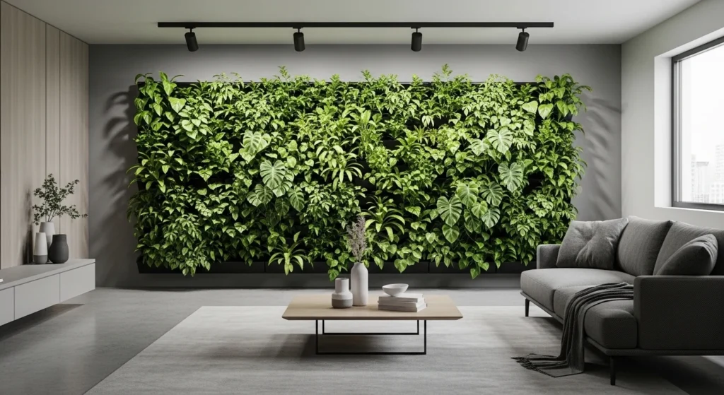 living room vertical garden wall with indoor plants modern design