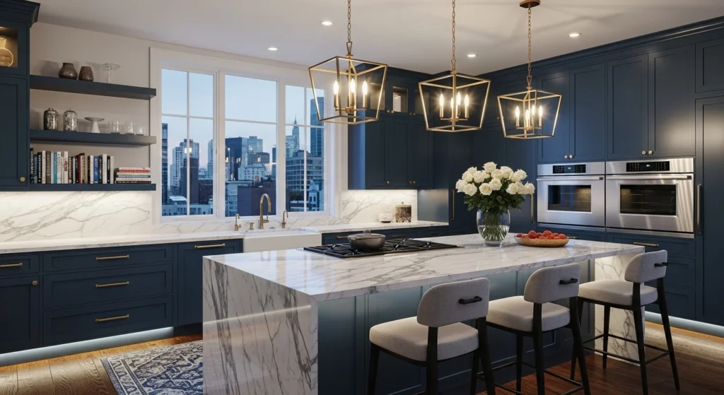blue kitchen with marble countertops luxury modern look
