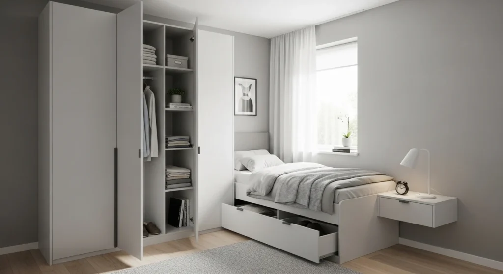 small bedroom with built in storage creating seamless clean design