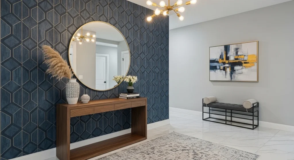 foyer with accent wall adding depth and visual interest