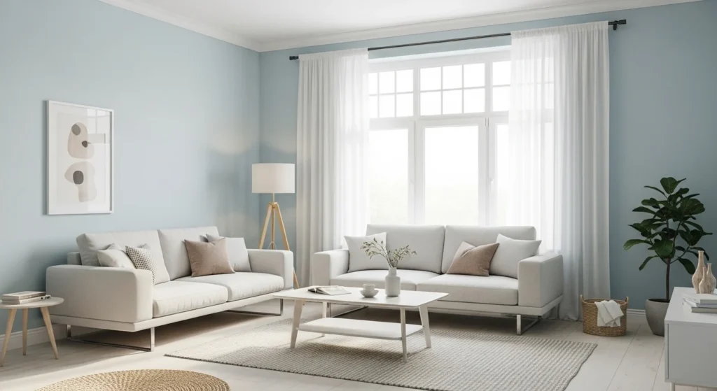 living room with blue wall color creating calm relaxing space