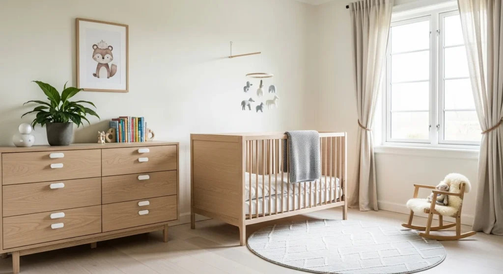 scandinavian boys nursery with light wood and neutral tones