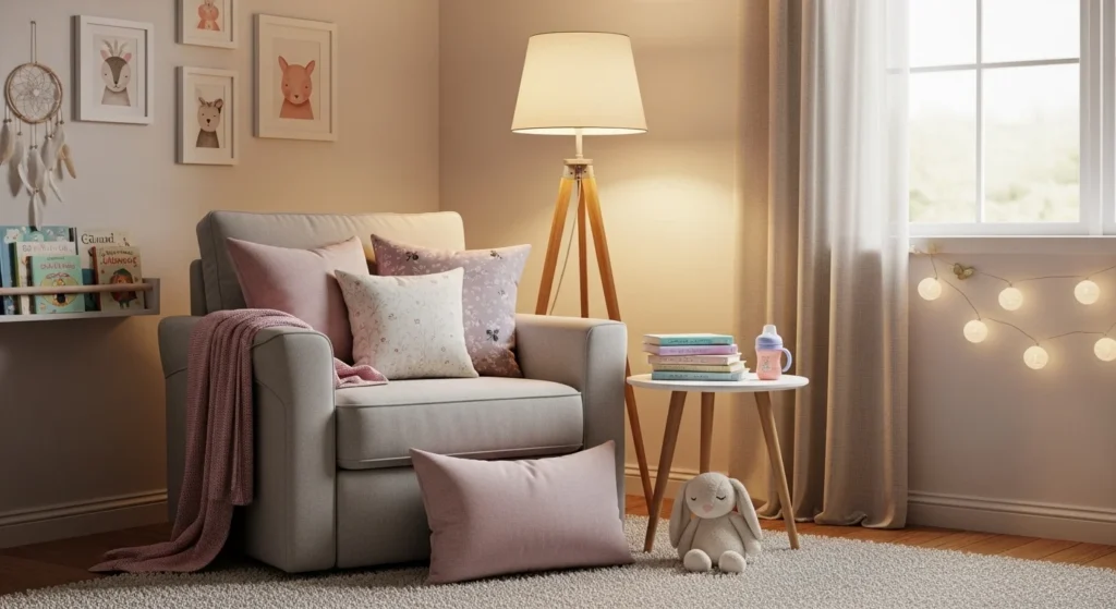 girls nursery cozy reading corner chair soft lighting setup