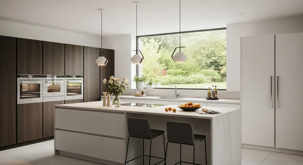 kitchen with pendant lights over island modern aesthetic