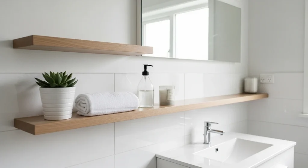 bathroom with floating shelves for decor and storage clean design