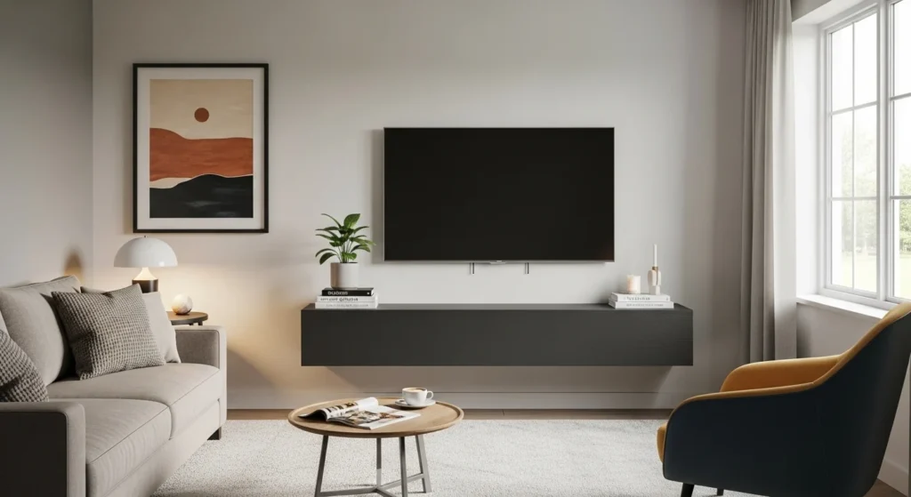 small living room with floating tv unit modern space saving setup