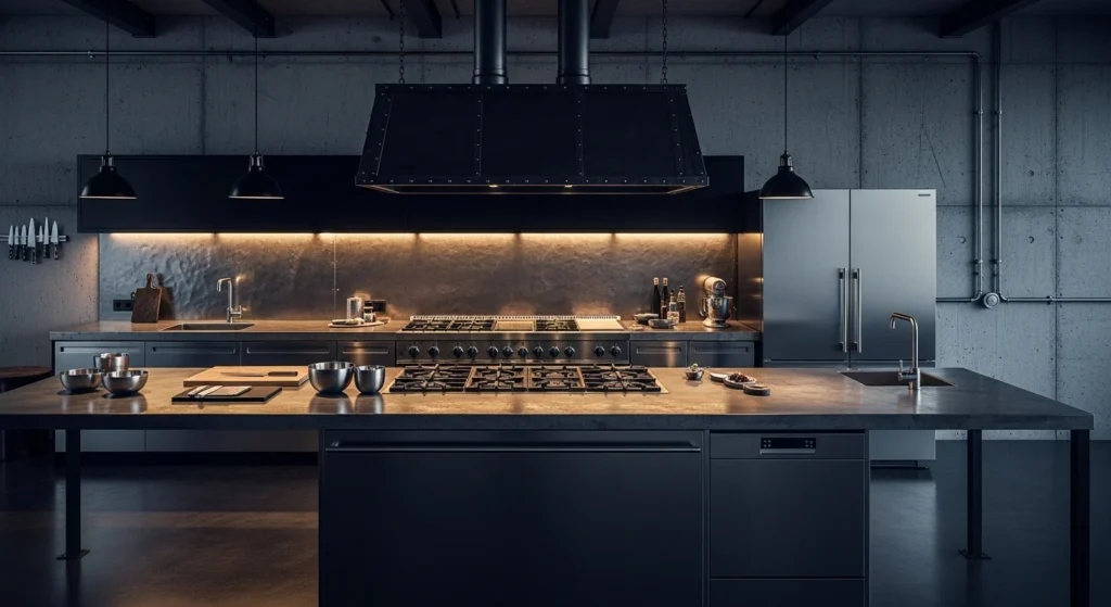 black industrial kitchen with metal accents modern edgy look