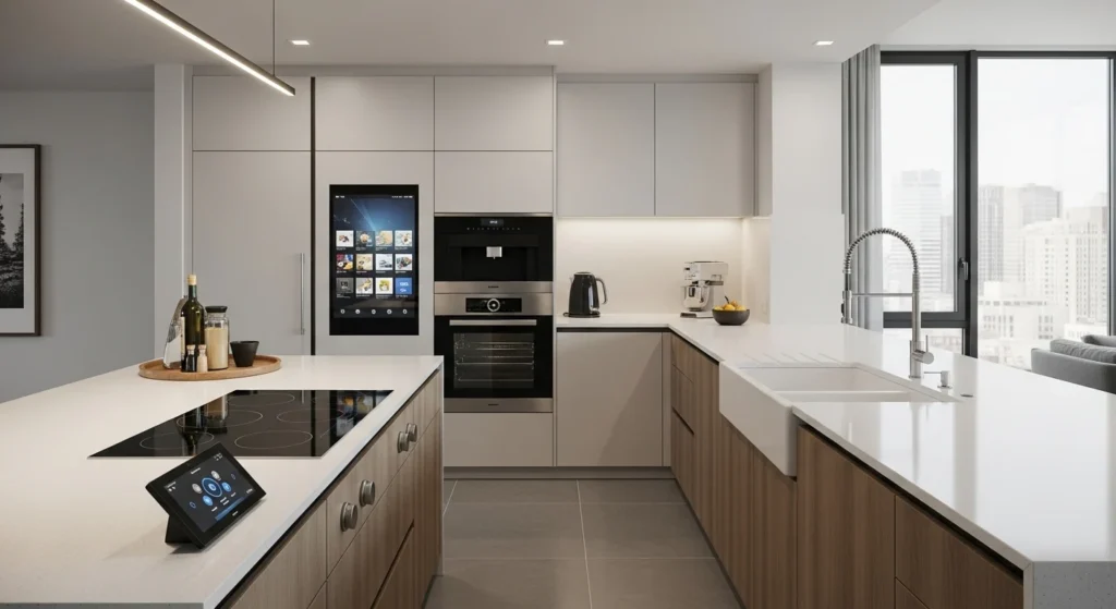 smart kitchen layout with modern appliances and technology efficient design