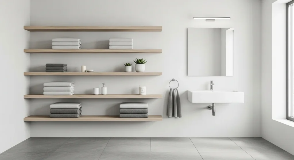 bathroom with open shelves for storage and decor display