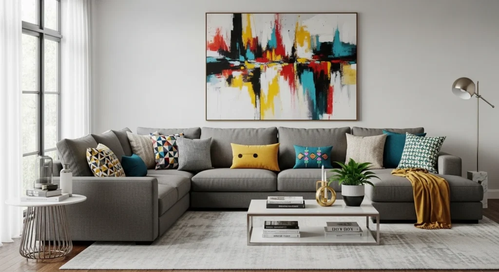 sectional sofa with colorful accent pillows modern decor style