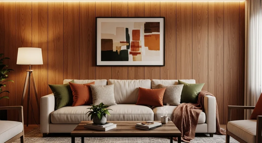 living room wood panel wall adding warmth and natural texture