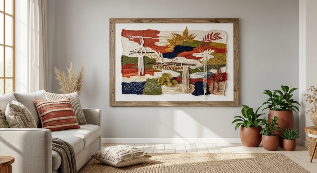 living room wall framed textile art aesthetic decor style