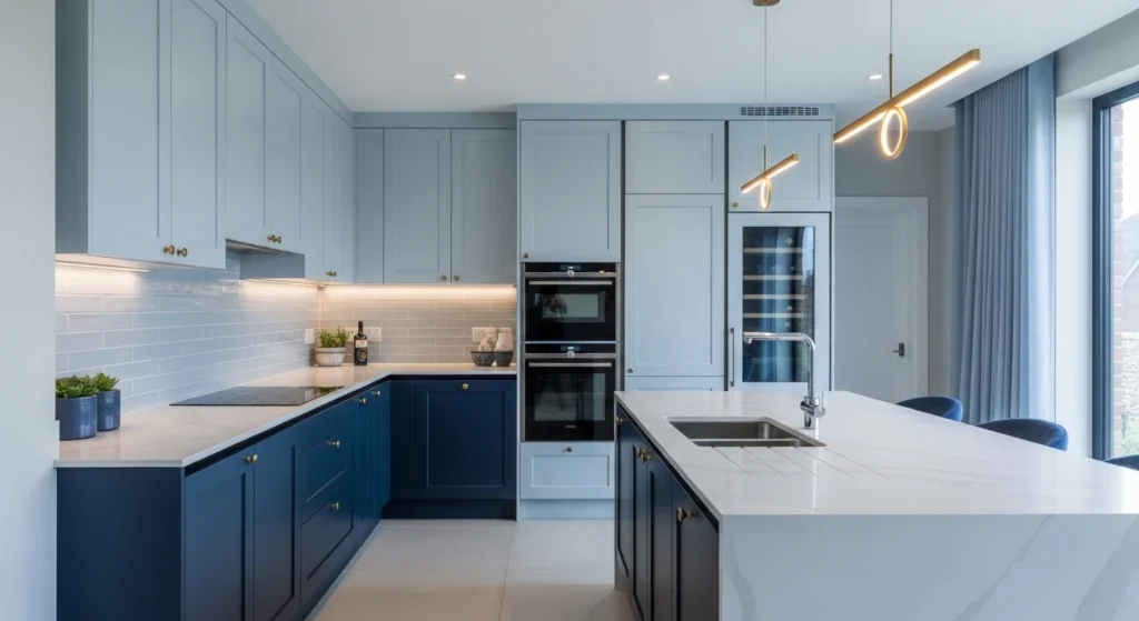 two tone blue kitchen with light and dark cabinets modern style