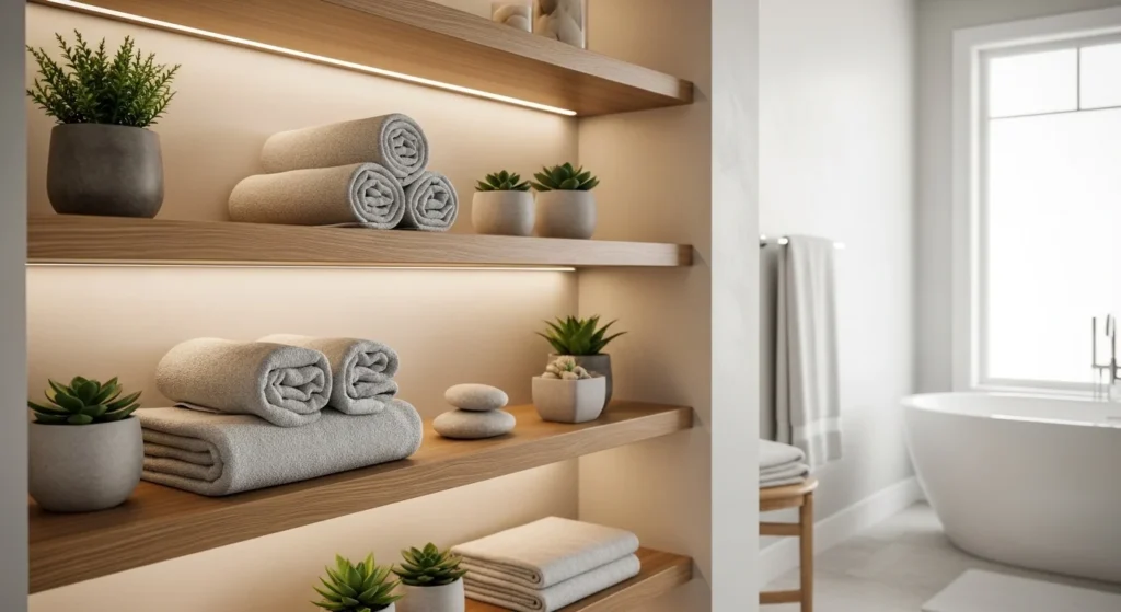 bathroom with open shelves organized towels and decor