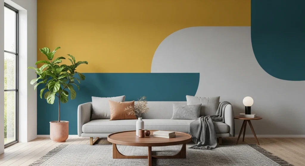 living room with color blocking wall design modern geometric style