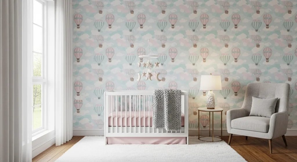 girls nursery with patterned wallpaper soft pastel design