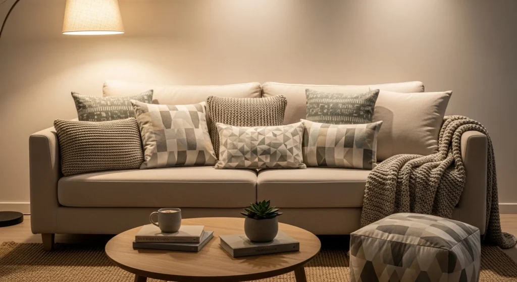 neutral sofa styled with cushions and throws cozy living room