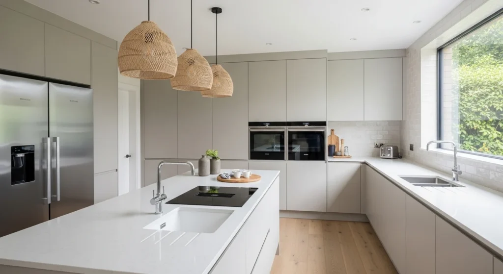 kitchen with neutral colors creating clean and timeless look