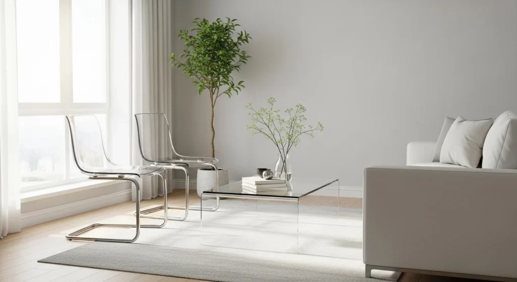 small living room with glass table creating airy modern look