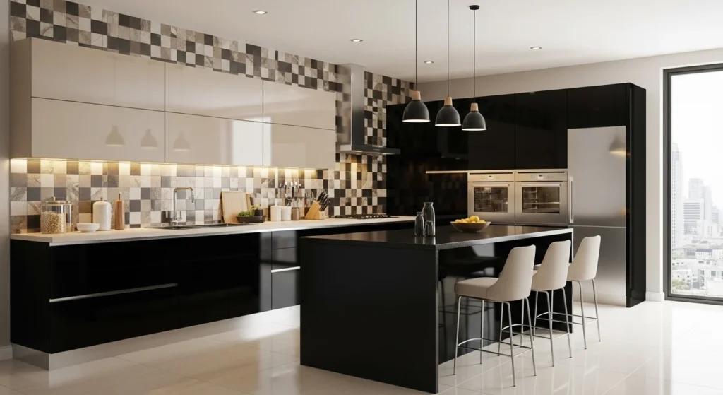 black and beige kitchen balanced warm modern aesthetic