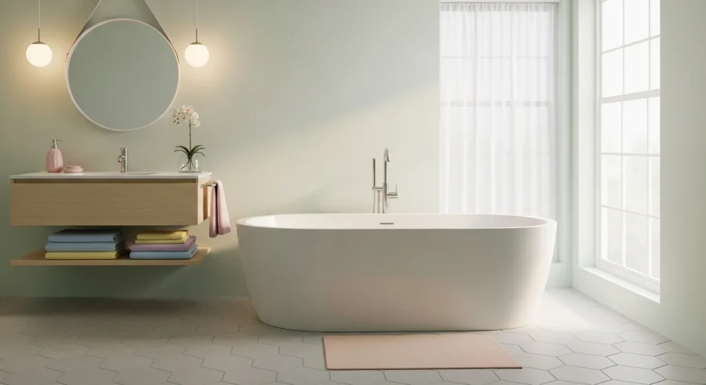 bathroom with pastel accents creating soft modern aesthetic